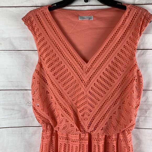 London Times Dress Maxi Midi V-neck 8 M Orange Pink elastic waist lace stretch - Picture 2 of 16